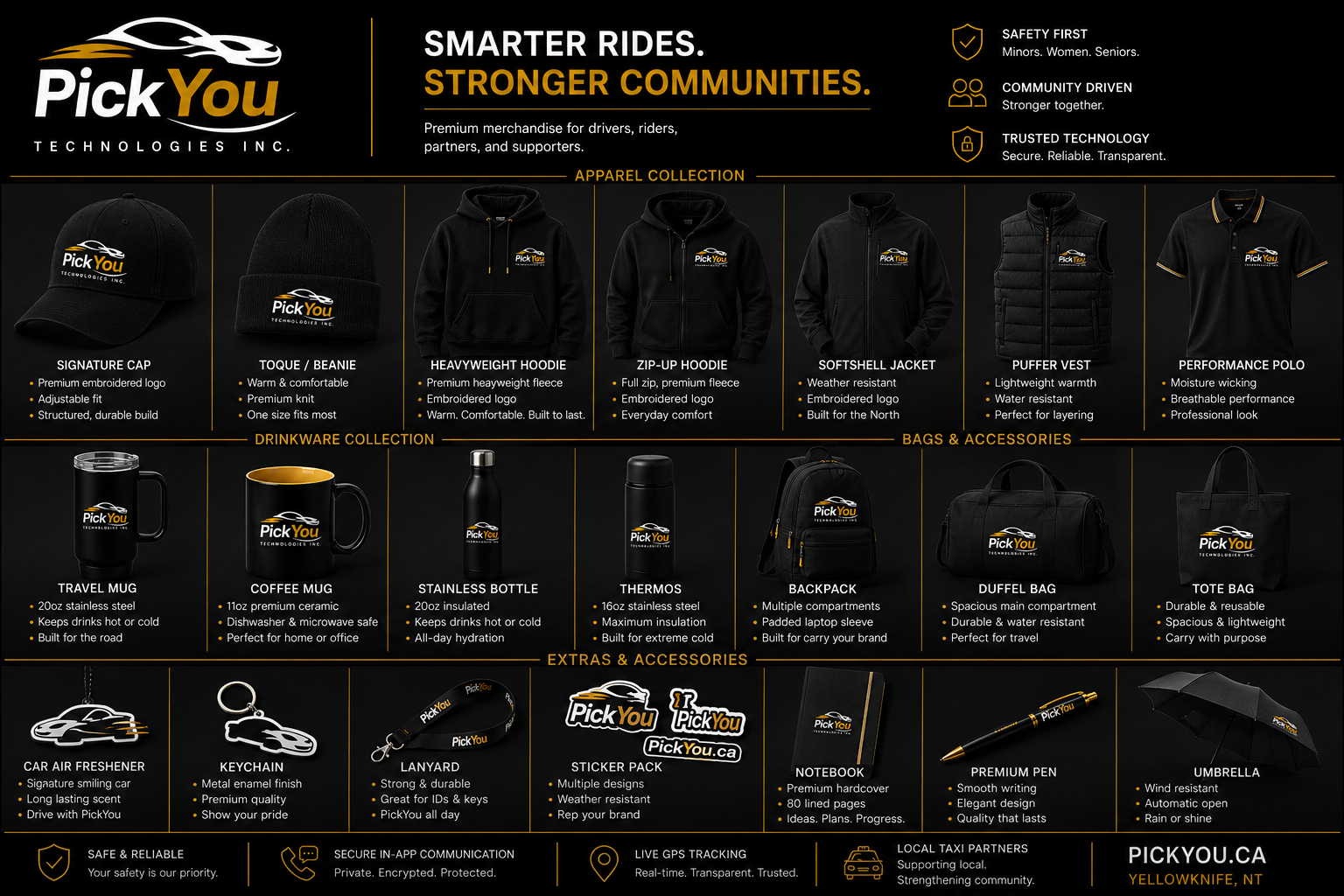 PickYou Signature Black concept sheet — black apparel, drinkware, bags and accessories carrying the official PickYou logo