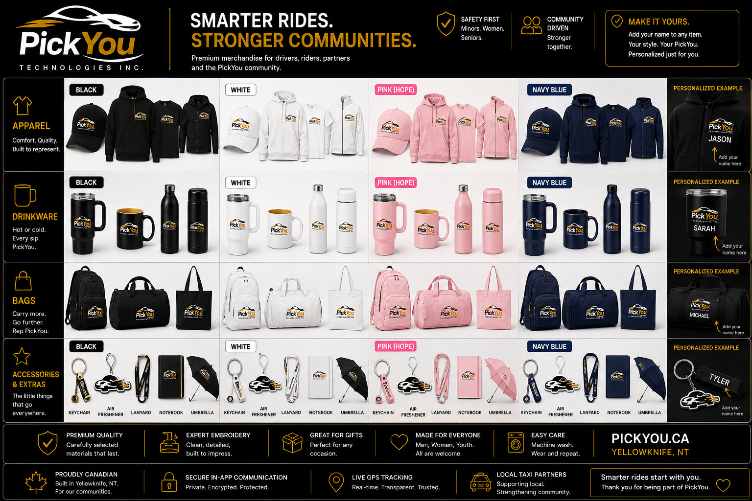 PickYou full-range concept sheet — black, white, pink and navy collections of apparel, drinkware, bags and accessories, with a personalized example column
