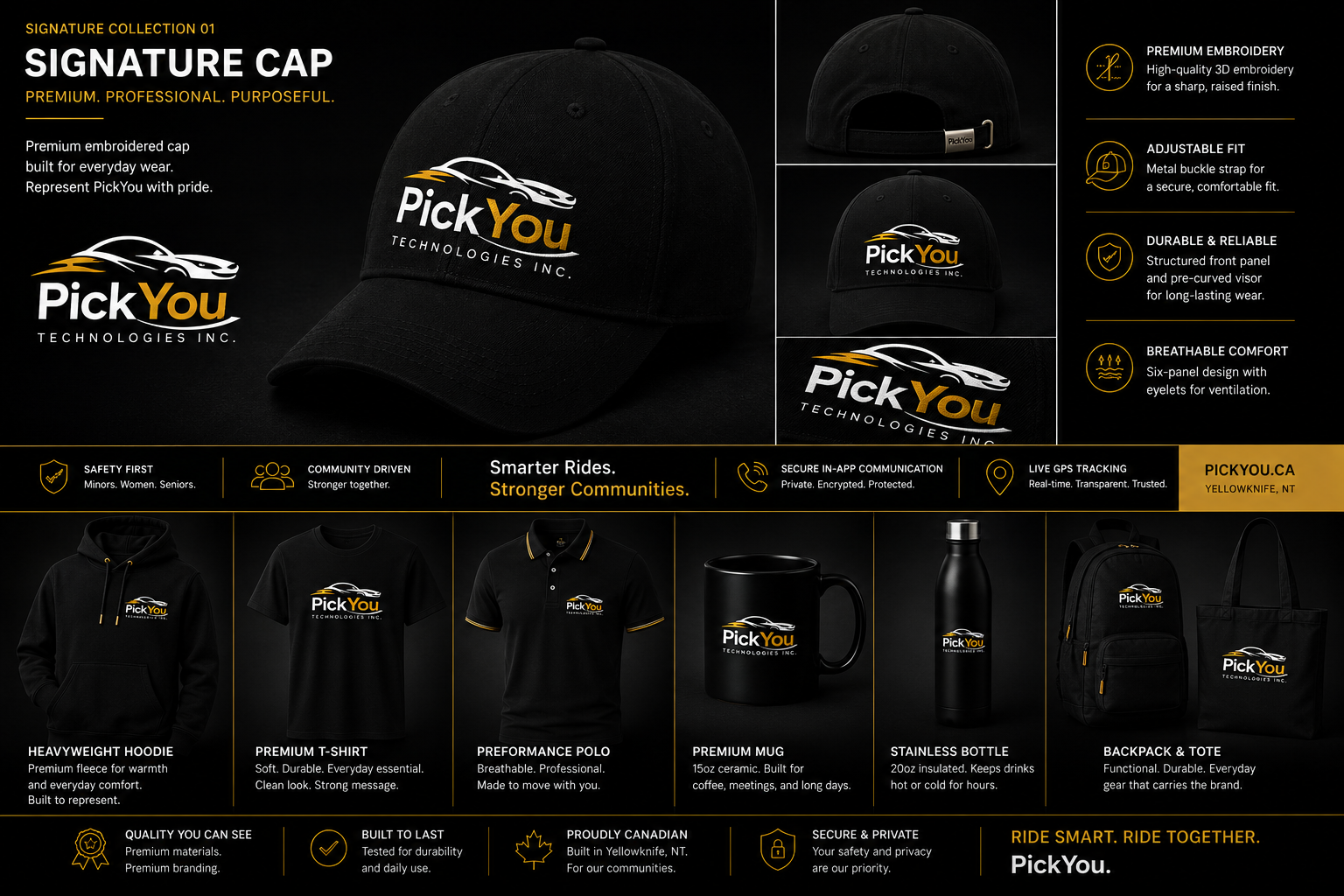 PickYou Signature Cap concept sheet — the black cap shown from several angles with the official PickYou logo, alongside other black apparel and accessories